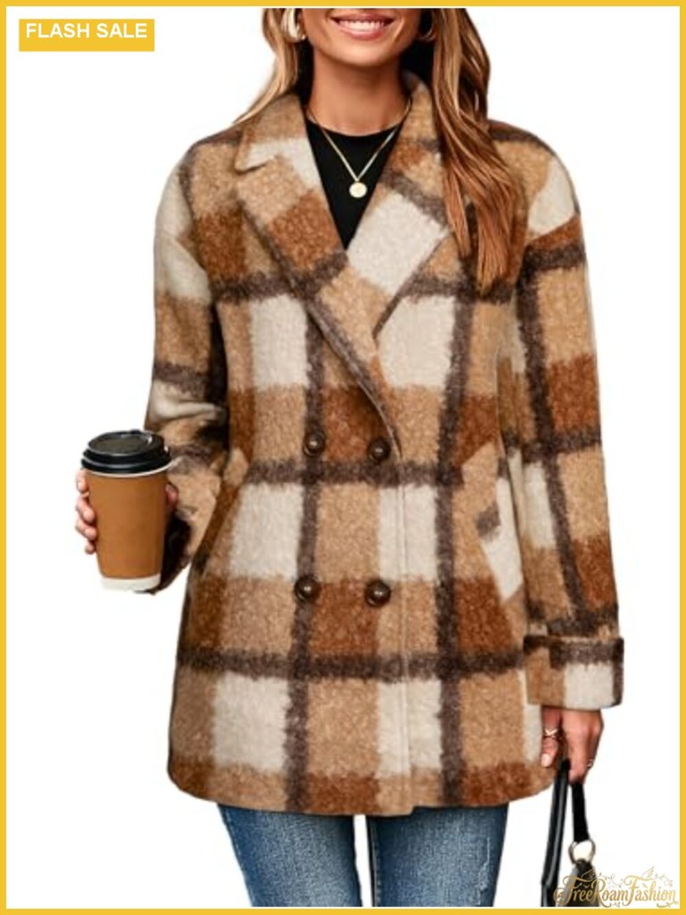 Women's Plaid Double Breasted Peacoat Fleece Lined Winter Work Jacket